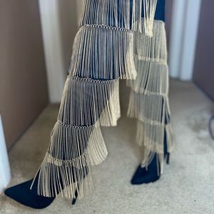 Black Suede Tassel Thigh High Boots